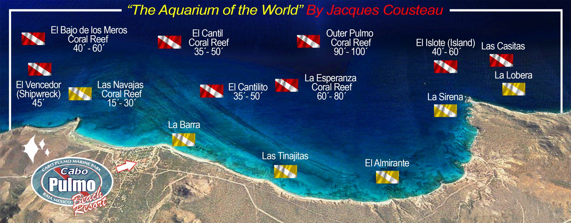 Map of the Cabo Pulmo dive sites: El Bajo de los Meros, El Cantil, Outer Pulmo, El Islote, Las Casitas, El Vencedor shipwreck, Las Navajas, El Carrillito, La Esperanza, La Lobera, La Sirena, La Barra, Las Tinajitas and El Almirante