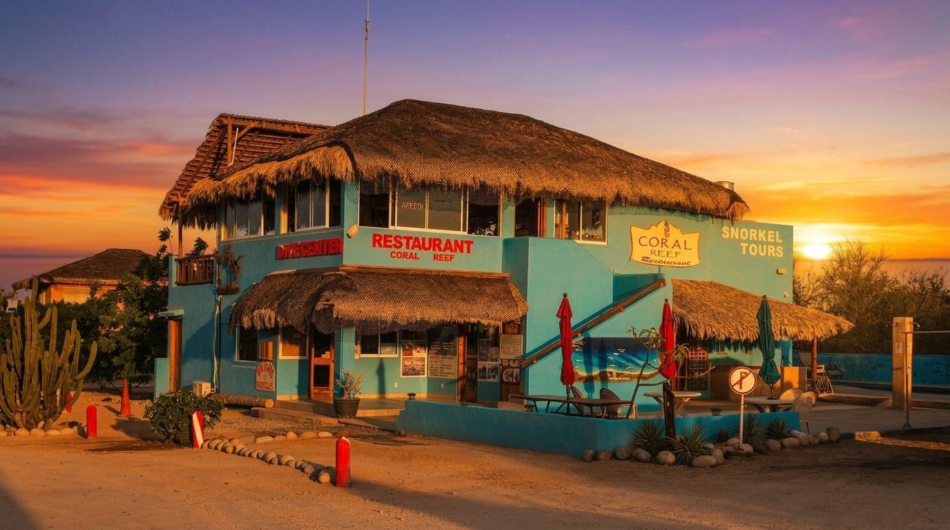 Coral Reef Restaurant with palapa roof at sunset in Cabo Pulmo